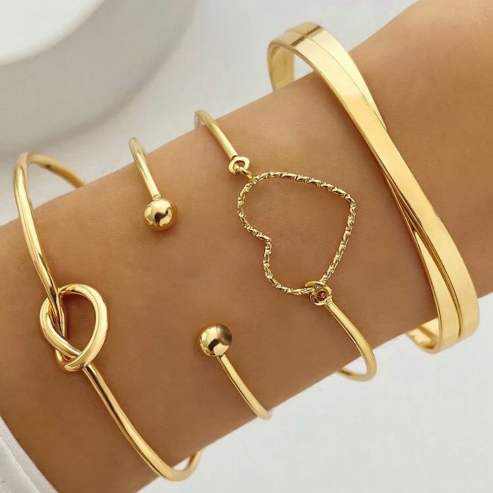 4pcs/Set Unique Knotted Heart Geometric Intersection Gold Bangle